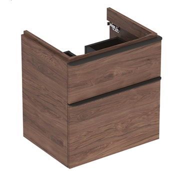 Geberit Smyle Square underskab til håndvask, med to skuffer: B=58.4cm, H=61.7cm, T=47cm, Nøddetræ hickory / melamin træstruktur, lava / pulverlakeret mat